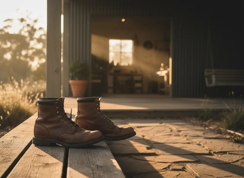 Worn leather work boots on a timber verandah at dusk, a lit workshop behind