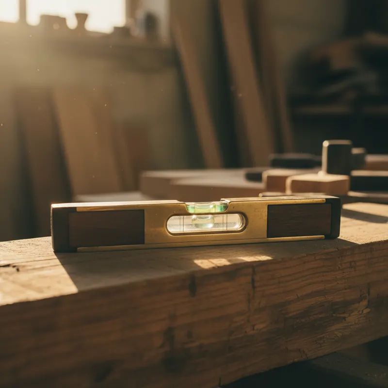 A brass spirit level on a hardwood beam, its bubble exactly centred