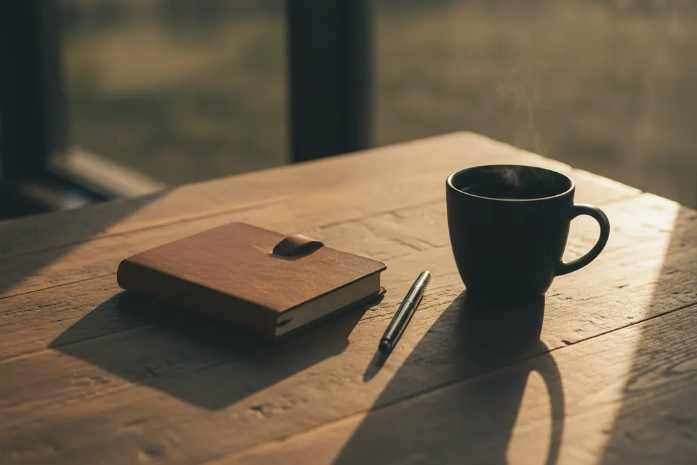 A closed leather notebook and pen beside a cup of black coffee