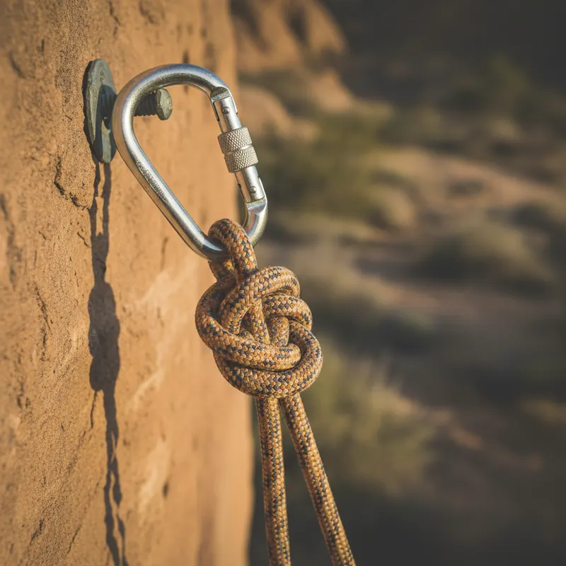 A knotted climbing rope clipped to a steel carabiner on a rock anchor