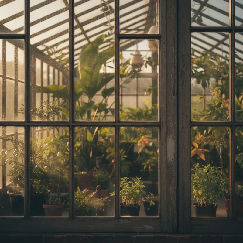 Plants seen through clear panes of an old timber-framed glasshouse