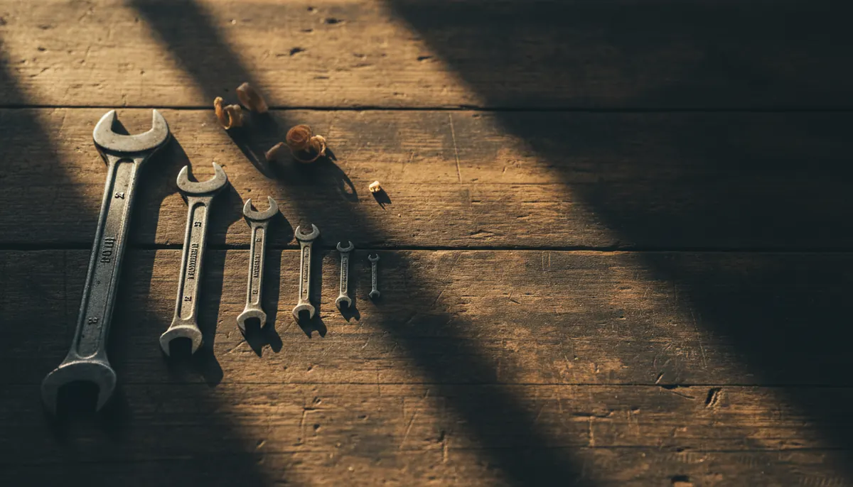 Steel spanners laid out in size order on a timber workbench